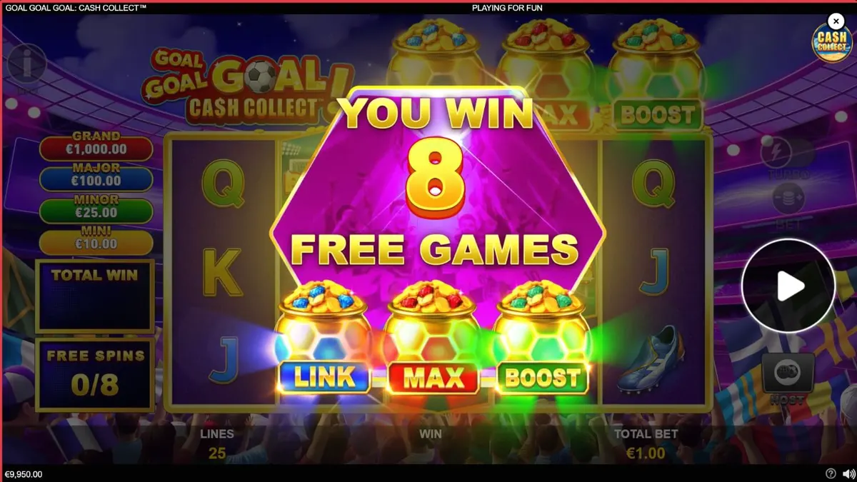 Tela de jogo do slot Goal Goal Goal: Cash Collect com elementos de futebol e mecânicas de bônus